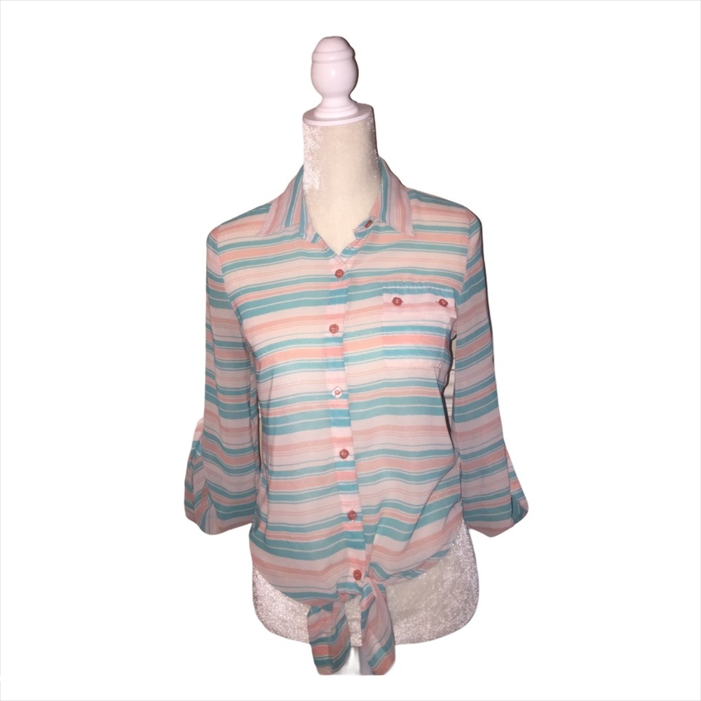 Small Papaya Sheer Coral & Green Long Sleeve Button Blouse